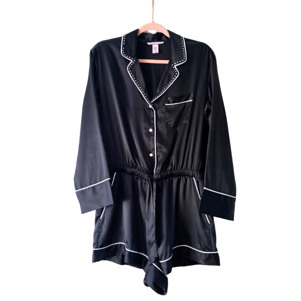 Victorias Secret Satin Sleep Romper Black Long Sleeve Bling Trim Size Small Glam